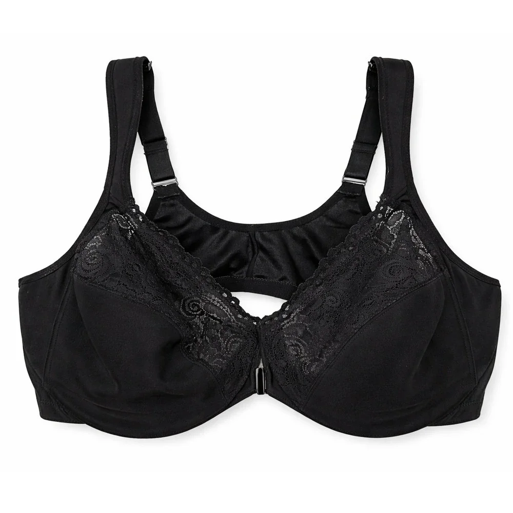 Glamorise 46D Black Lace Nylon Front Closure Bra Wide‎ Strap Comfort Unlined